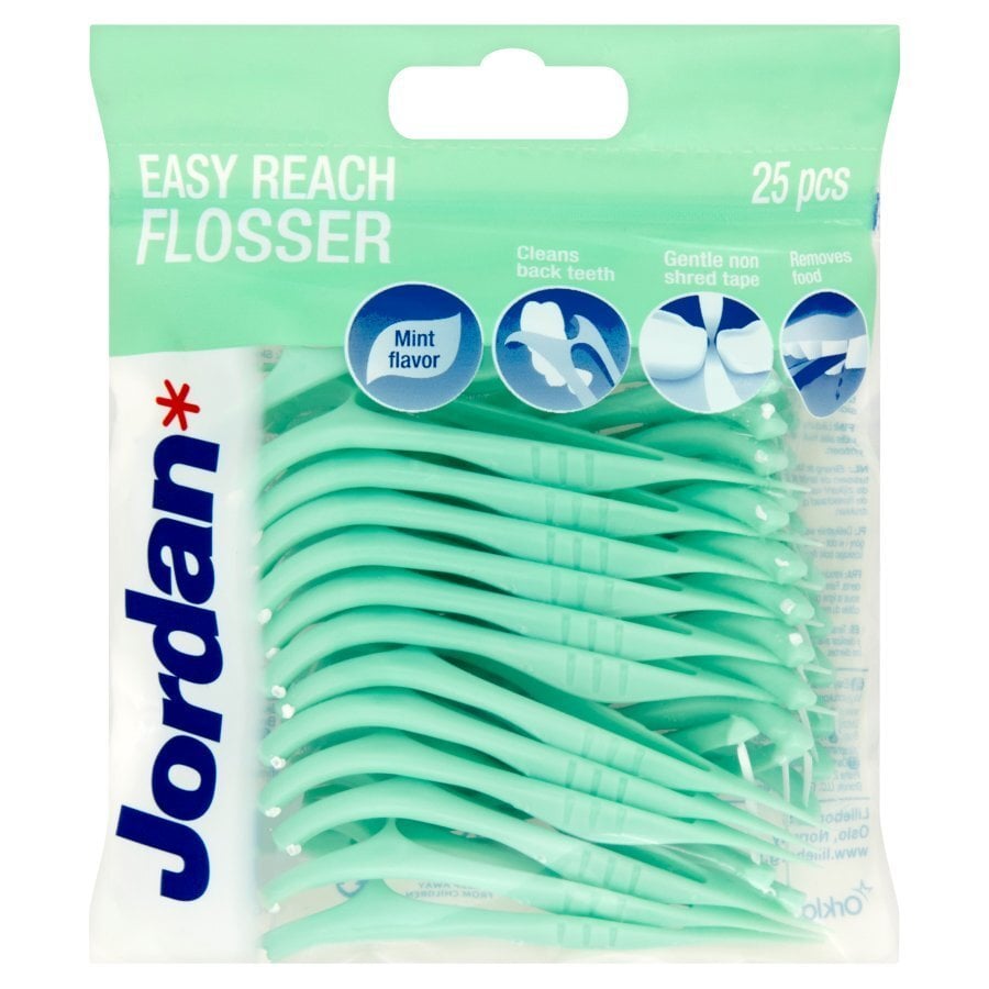 Tarpdančių siūlas Jordan Easy Reach Flosser, mėtinis, 25 vnt. kaina ir informacija | Dantų šepetėliai, pastos | pigu.lt