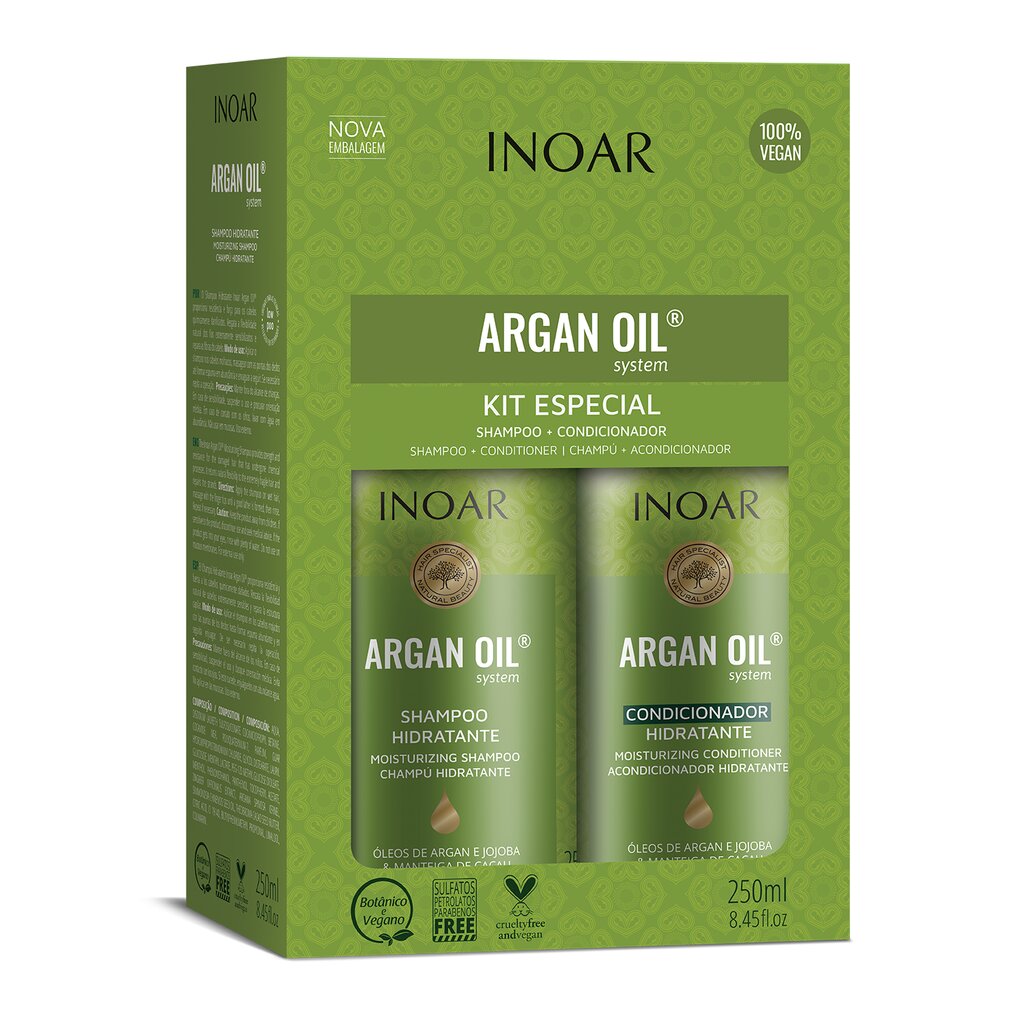 Drėkinantis plaukų priežiūros rinkinys su Argano aliejumi Inoar Argan Duo Kit: šampūnas 250 ml + kondicionierius 250 ml kaina ir informacija | Šampūnai | pigu.lt