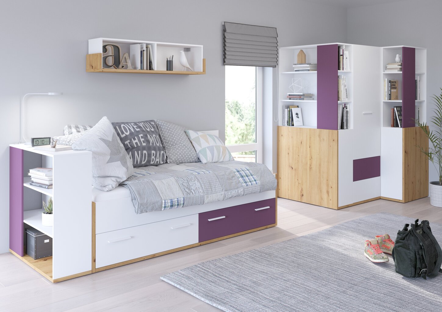 Lova Meblocross Hey 10, 90x200 cm, balta/violetinė kaina ir informacija | Vaikiškos lovos | pigu.lt