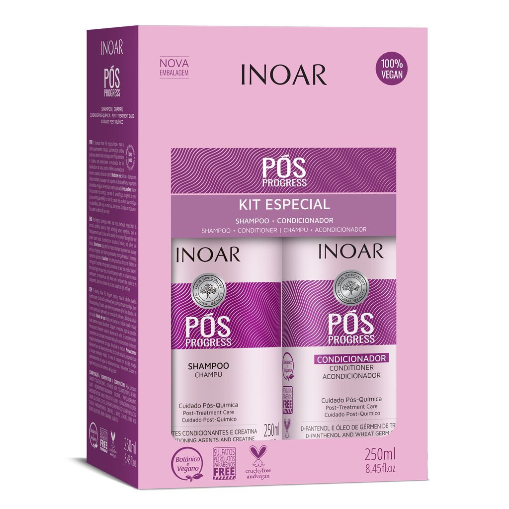 Rinkinys po procedūrų su keratinu INOAR Pos Progress Duo Kit: šampūnas 250 ml + kondicionierius 250 ml kaina ir informacija | Šampūnai | pigu.lt