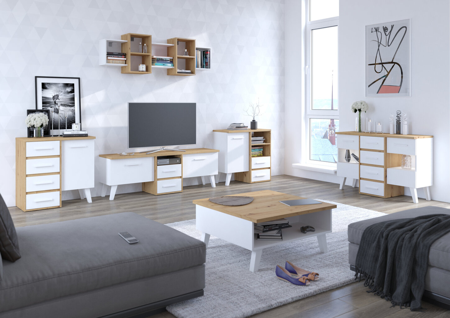 TV staliukas Meblocross Nordis 2D2S, ąžuolo/baltos spalvos kaina ir informacija | TV staliukai | pigu.lt