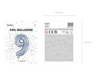 Folinis balionas Skaičius "9", 35 cm, sidabrinis kaina ir informacija | Balionai | pigu.lt