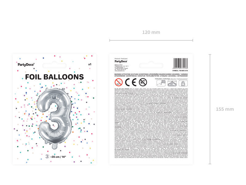 Foliniai balionai Skaičius "3", 35 cm, sidabriniai, 50 vnt. kaina ir informacija | Balionai | pigu.lt
