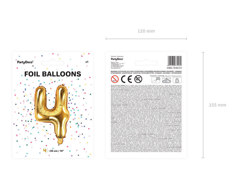 Foliniai balionai Skaičius "4", 35 cm, auksiniai, 50 vnt. kaina ir informacija | Balionai | pigu.lt