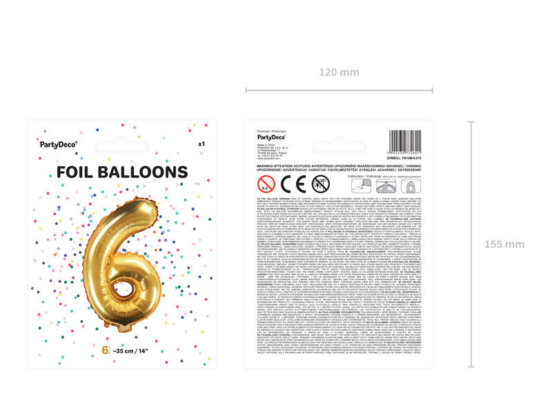 Foliniai balionai Skaičius "6", 35 cm, auksiniai, 50 vnt. цена и информация | Balionai | pigu.lt