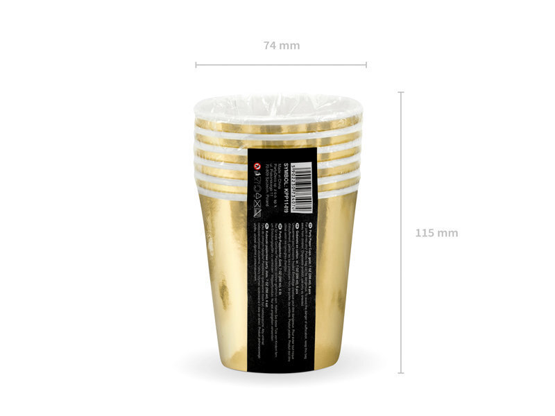 Vienkartiniai popieriniai puodeliai Gold 180 ml (1 pak/ 6 vnt) kaina ir informacija | Vienkartiniai indai šventėms | pigu.lt