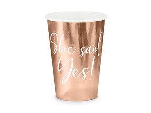 Vienkartiniai popieriniai puodeliai She said yes! Rose Gold 220 ml (1 pak/ 6 vnt) kaina ir informacija | Vienkartiniai indai šventėms | pigu.lt