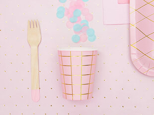 Popieriniai vienkartiniai puodeliai Grid Light Pink 200 ml (1 pak / 6 vnt) kaina ir informacija | Vienkartiniai indai šventėms | pigu.lt