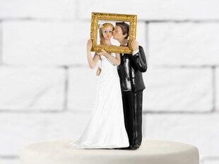 Papuošimas tortui Newly-weds in a gold photo frame 14,5 cm kaina ir informacija | Vienkartiniai indai šventėms | pigu.lt