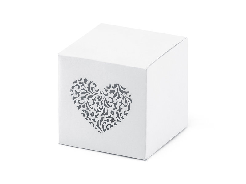 Dekoratyvinės dėžutės skanėstams Heart, baltos su ornamentais dekoruota širdele, 5x5x5 cm, 1 dėž/50 pak (1 pak/10 vnt) kaina ir informacija | Vienkartiniai indai šventėms | pigu.lt