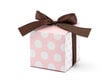 Dekoratyvinės dėžutės skanėstams, rožinės su baltais taškeliais ir rudos spalvos kaspinėliu, 5x5x5 cm, 1 pak/10 vnt