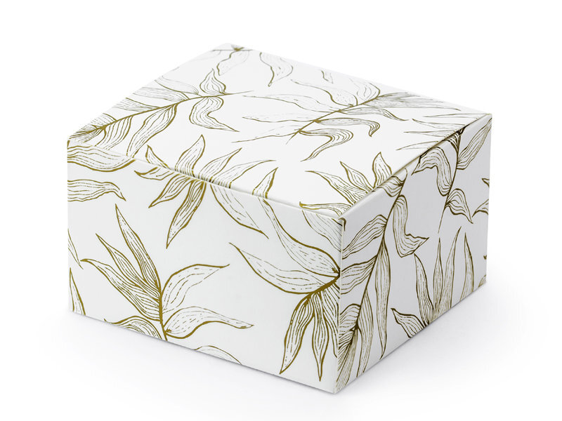 Dekoratyvinės dėžutės skanėstams Leaves, baltos su auksinės spalvos lapų raštais, 6x3,5x5,5 cm, 1 pak/10 vnt kaina ir informacija | Vienkartiniai indai šventėms | pigu.lt