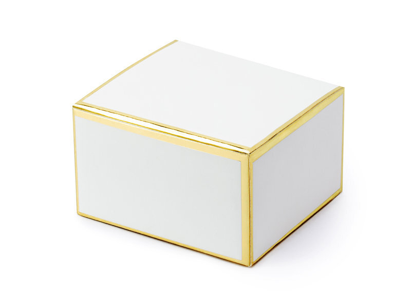Dekoratyvinės dėžutės skanėstams, baltos su auksinės spalvos kraštais, 6x3,5x5,5 cm, 1 dėž/50 pak (1 pak/10 vnt) цена и информация | Vienkartiniai indai šventėms | pigu.lt