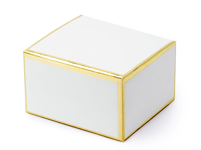 Dekoratyvinės dėžutės skanėstams, baltos su auksinės spalvos kraštais, 6x3,5x5,5 cm, 1 dėž/50 pak (1 pak/10 vnt) цена и информация | Vienkartiniai indai šventėms | pigu.lt