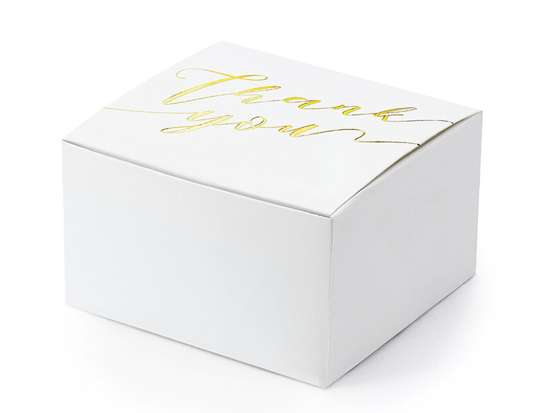 Dekoratyvinės dėžutės skanėstams Thank you, baltos su auksinės spalvos užrašu, 6x3,5x5,5 cm, 1 pak/10 vnt kaina ir informacija | Vienkartiniai indai šventėms | pigu.lt
