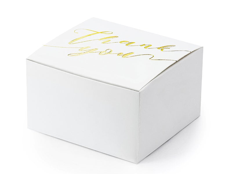 Dekoratyvinės dėžutės skanėstams Thank you, baltos su aukso spalvos užrašu, 6x3,5x5,5 cm, 1 dėž/50 pak (1 pak/10 vnt) цена и информация | Vienkartiniai indai šventėms | pigu.lt