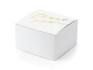 Dekoratyvinės dėžutės skanėstams Thank you, baltos su aukso spalvos užrašu, 6x3,5x5,5 cm, 1 dėž/50 pak (1 pak/10 vnt) kaina ir informacija | Vienkartiniai indai šventėms | pigu.lt