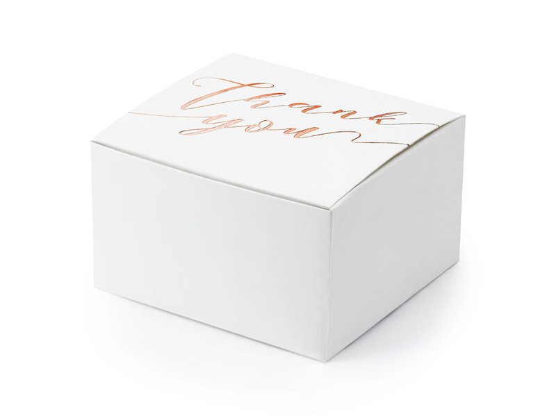 Dekoratyvinės dėžutės skanėstams Thank you, baltos su rožinio aukso spalvos užrašu, 6x3,5x5,5 cm, 1 pak/10 vnt цена и информация | Vienkartiniai indai šventėms | pigu.lt