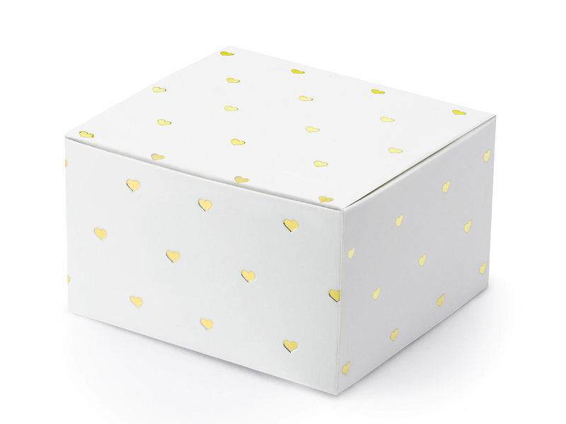 Dekoratyvinės dėžutės skanėstams, baltos su auksinės spalvos širdelėmis, 6x3,5x5,5 cm, 1 pak/10 vnt цена и информация | Vienkartiniai indai šventėms | pigu.lt