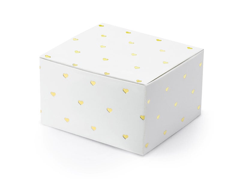 Dekoratyvinės dėžutės skanėstams, baltos su auksinės spalvos širdelėmis, 6x3,5x5,5 cm, 1 pak/10 vnt kaina ir informacija | Vienkartiniai indai šventėms | pigu.lt