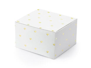 Dekoratyvinės dėžutės skanėstams, baltos su auksinės spalvos širdelėmis, 6x3,5x5,5 cm, 1 dėž/50 pak (1 pak/10 vnt) kaina ir informacija | Vienkartiniai indai šventėms | pigu.lt