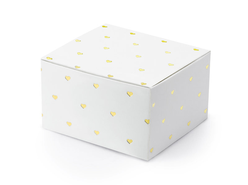 Dekoratyvinės dėžutės skanėstams, baltos su auksinės spalvos širdelėmis, 6x3,5x5,5 cm, 1 dėž/50 pak (1 pak/10 vnt)
