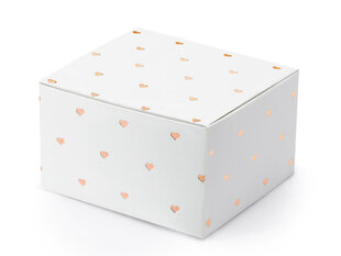 Dekoratyvinės dėžutės skanėstams, baltos su rožinio aukso spalvos širdelėmis, 6x3,5x5,5 cm, 1 pak/10 vnt kaina ir informacija | Vienkartiniai indai šventėms | pigu.lt