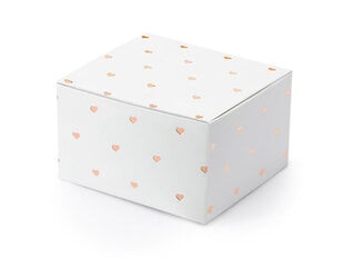 Dekoratyvinės dėžutės skanėstams, baltos su rožinio aukso spalvos širdelėmis, 6x3,5x5,5 cm, 1 pak/10 vnt kaina ir informacija | Vienkartiniai indai šventėms | pigu.lt