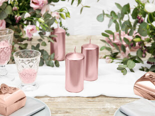 Cilindrinės žvakės, metalinės rožinio aukso spalvos, 12x6 cm, dega iki 20 val, 1 pak/6 vnt kaina ir informacija | Žvakės, Žvakidės | pigu.lt