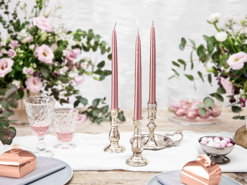 Kūginės žvakės, metalinės rožinio aukso spalvos, 24 cm, 1 pak/10 vnt kaina ir informacija | Žvakės, Žvakidės | pigu.lt