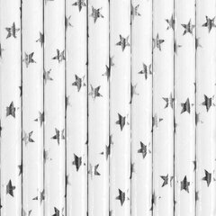 Popieriniai šiaudeliai, balti su sidabro spalvos žvaigždėm, 19,5 cm, 1 pak/10 vnt kaina ir informacija | Vienkartiniai indai šventėms | pigu.lt