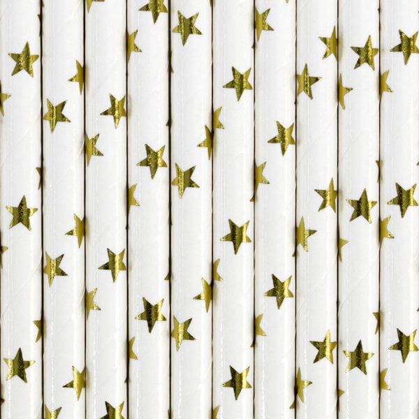 Popieriniai šiaudeliai, balti su aukso spalvos žvaigždėm, 19,5 cm, 1 pak/10 vnt kaina ir informacija | Vienkartiniai indai šventėms | pigu.lt