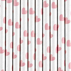 Popieriniai šiaudeliai, balti su rožinėmis širdutėmis, 19,5 cm, 1 dėž/50 pak (1 pak/10 vnt) kaina ir informacija | Vienkartiniai indai šventėms | pigu.lt