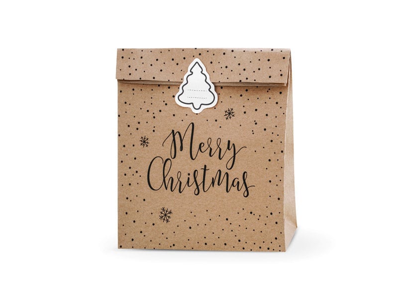 Popieriniai dovanų maišeliai Merry Christmas, rudi, 25x11x27 cm, 1 dėž/25  pak (1 pak/3 vnt) kaina | pigu.lt