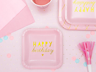 Popierinės vienkartinės lėkštutės Happy Birthday Light Pink 14x14 cm (1 pak/6 vnt) kaina ir informacija | Vienkartiniai indai šventėms | pigu.lt