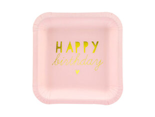 Одноразовые бумажные тарелки Happy Birthday Light Pink 14x14 см (1 упаковка / 6 шт) цена и информация | Праздничная одноразовая посуда | pigu.lt
