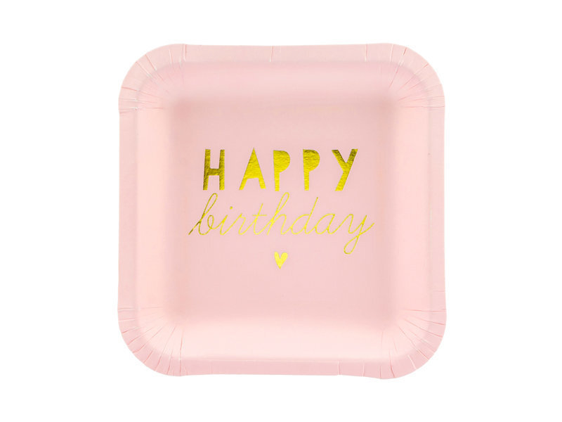 Popierinės vienkartinės lėkštutės Happy Birthday Light Pink 14x14 cm (1 pak/6 vnt) kaina ir informacija | Vienkartiniai indai šventėms | pigu.lt