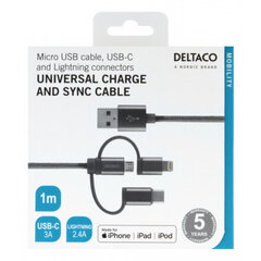 Deltaco IPLH-597, Micro USB, USB C, Lightning, 1m kaina ir informacija | Laidai telefonams | pigu.lt