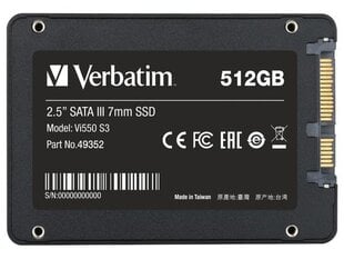 Drive Verbatim VI550 S3 49352 (512 GB ; 2.5 Inch; SATA III) цена и информация | Внутренние жёсткие диски (HDD, SSD, Hybrid) | pigu.lt