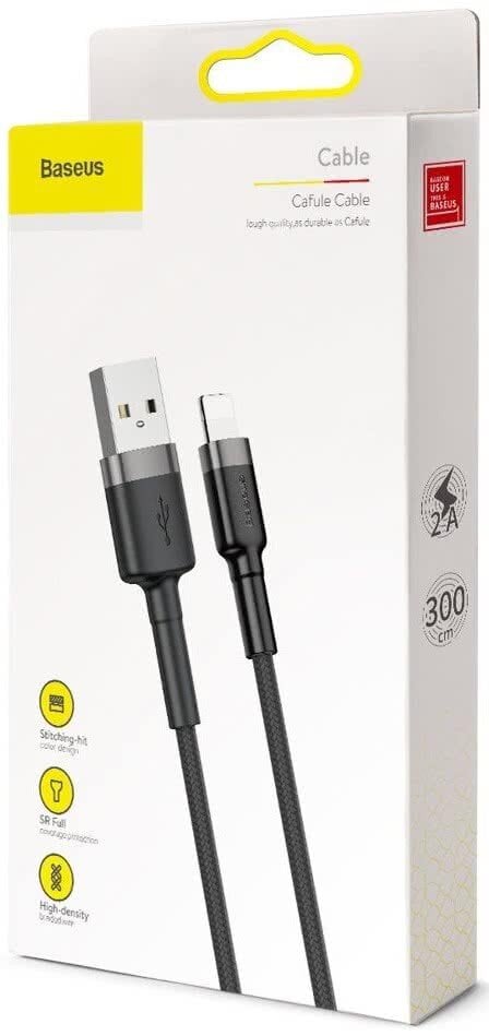 Kabelis Baseus USB Durable Nylon Braided Wire Usb / Lightning Qc3.0 2A 3m, juodas/pilkas (Calklf-Rg1) kaina ir informacija | Laidai telefonams | pigu.lt