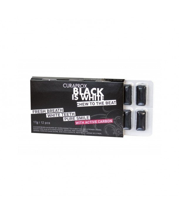 Dantis balinanti kramtomoji guma Curaprox Black is White N12 17 g kaina ir informacija | Dantų šepetėliai, pastos | pigu.lt