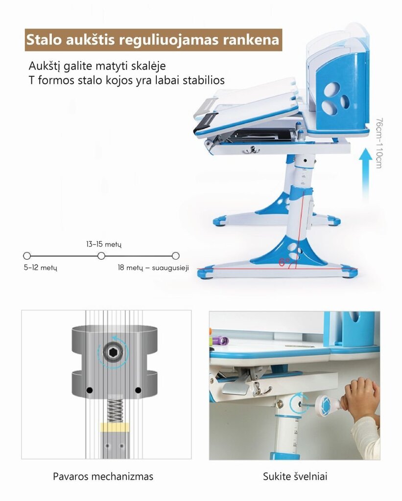 Ergonomiškas rašomasis stalas iStudy E120, mėlynas kaina ir informacija | Kompiuteriniai, rašomieji stalai | pigu.lt