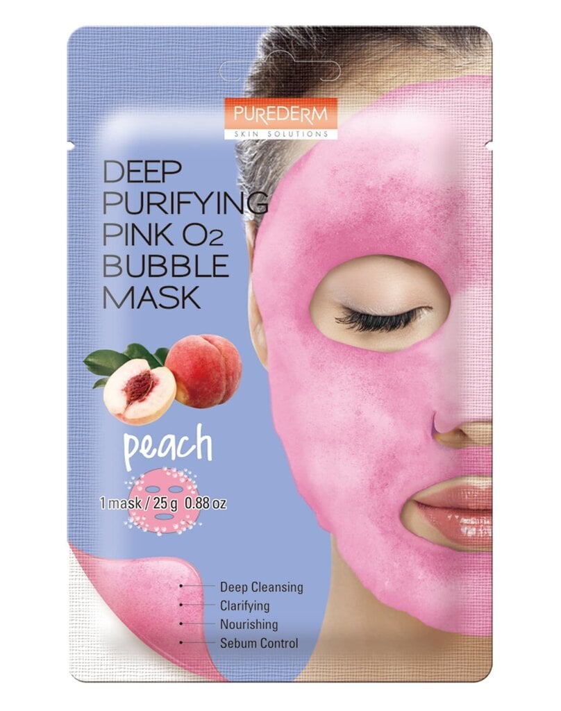 Giliai valanti putojanti veido kaukė Purederm Deep Purifying Pink O2 Bubble Persikas, 25 g kaina ir informacija | Veido kaukės, paakių kaukės | pigu.lt