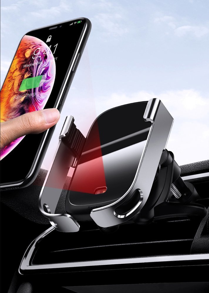 Automobilinis telefono laikiklis Baseus Rock Smart Vehicle Bracket Wireless Charger 10W, juodas (Wxhw01-01) kaina ir informacija | Telefono laikikliai | pigu.lt