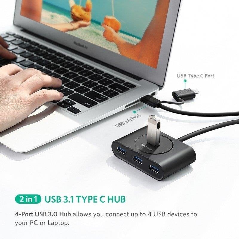 Adapteris Ugreen USB 3.0 HUB Type C, 1 m, juodas kaina ir informacija | Adapteriai, USB šakotuvai | pigu.lt