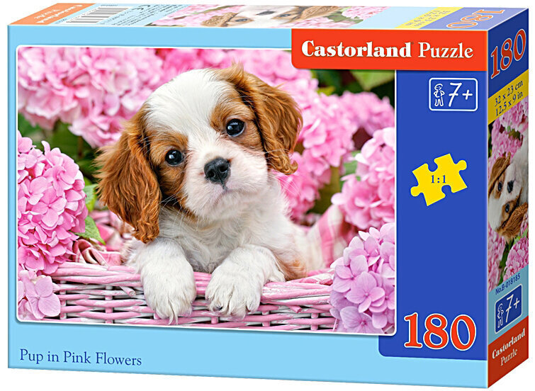 Dėlionė Castorland Šuniukas tarp rožinių gėlių, 180 detalių kaina ir informacija | Dėlionės (puzzle) | pigu.lt