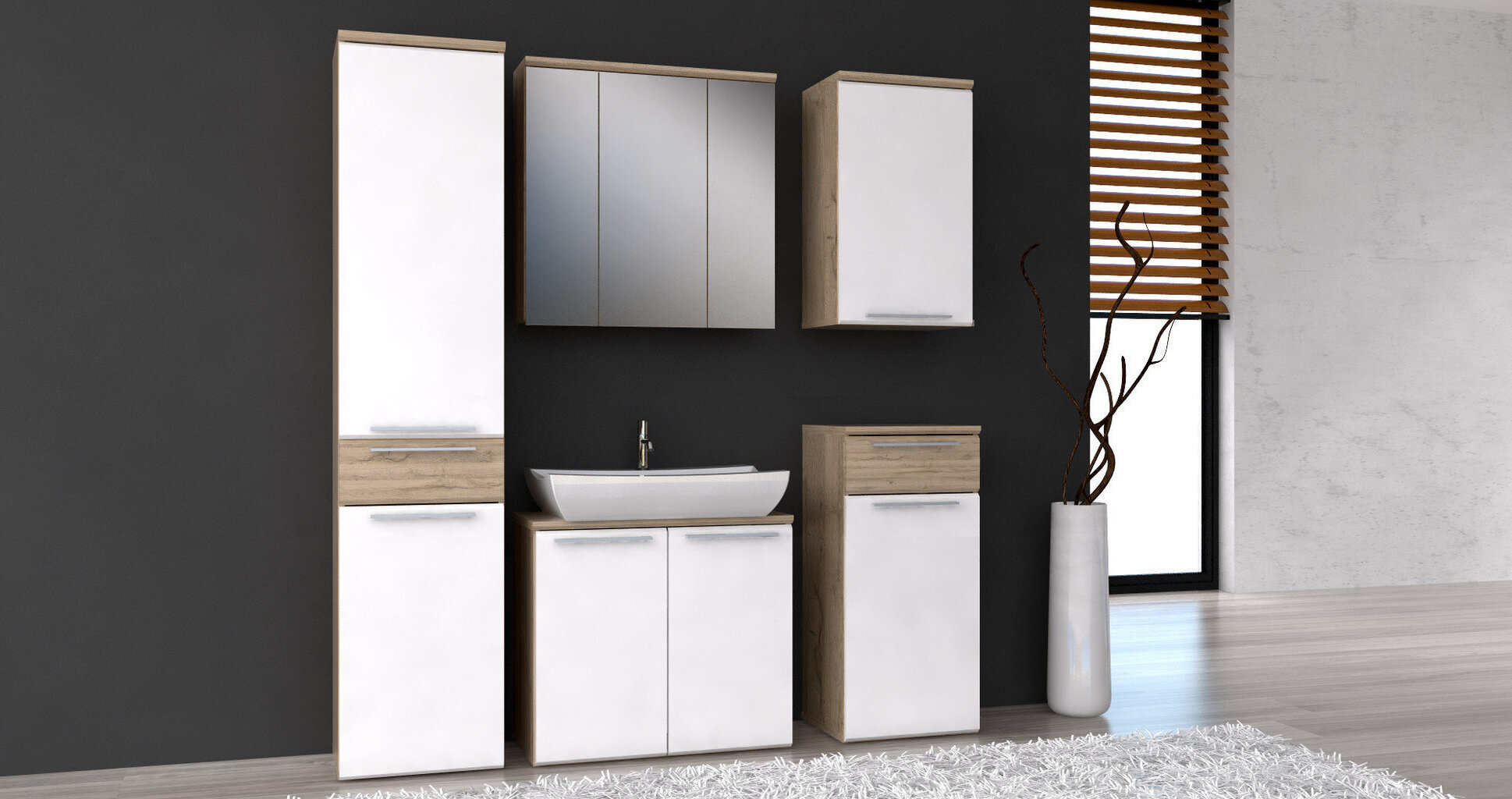 Vonios baldų komplektas Mindi, baltos/ąžuolo spalvos kaina ir informacija | Vonios komplektai | pigu.lt