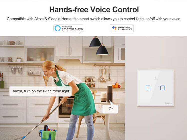Išmanusis liečiamas sieninis jungiklis Sonoff T2EU3C-TX, 3 kanalų, 600W/kanalui, 230VAC, valdomas liečiamu mygtuku, programėle, Wi-Fi, galimybė valdyti balsu ir Sonoff pulteliu (pultelis į komplektaciją neįeina) kaina ir informacija | Apsaugos sistemos, valdikliai | pigu.lt