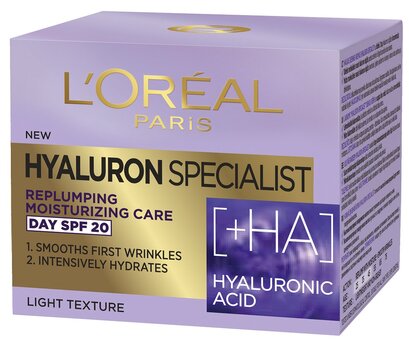 Drėkinantis odos putlumą atkuriantis dieninis kremas su hialurono rūgštimi L'Oreal Paris Hyaluron Specialist SPF20, 50 ml kaina ir informacija | Veido kremai | pigu.lt