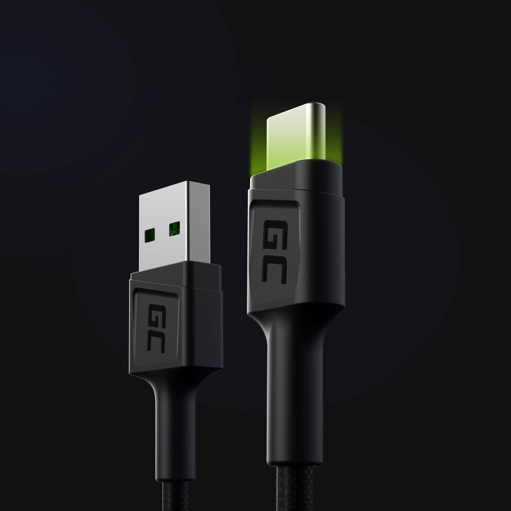 Green Cell kabelio spindulio USB kabelis - USB -C 120cm su žaliuoju LED foniniu apšvietimu ir greito įkrovimo ultra įkrovimu, QC 3.0 kaina ir informacija | Laidai telefonams | pigu.lt